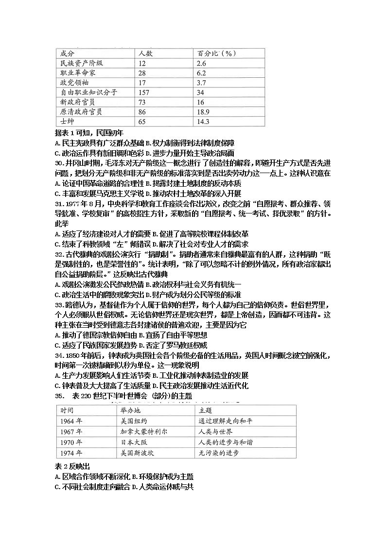 2020昆明高三“三诊一模”高考模拟考试（三模）文科综合历史试题含答案02