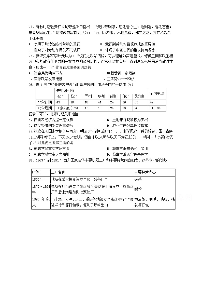 2020省大庆实验中学高三综合训练（二）文综-历史试题含答案01