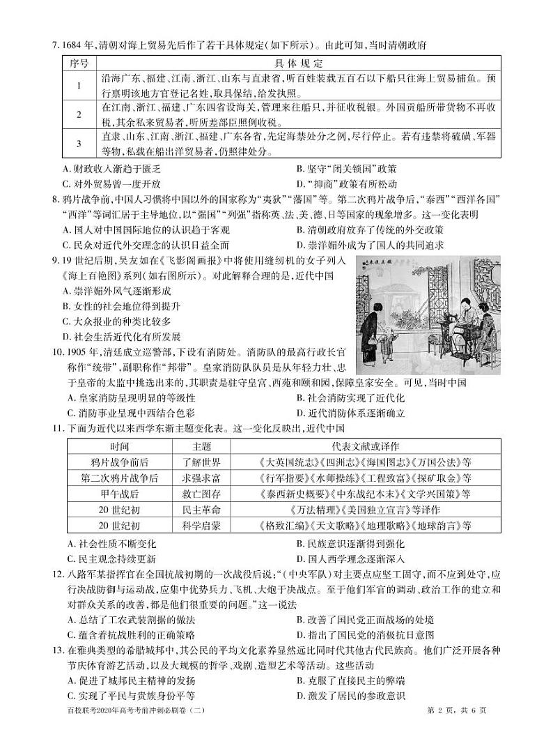 2020百校联考高考考前冲刺必刷卷（二）历史试题PDF版含解析第2页