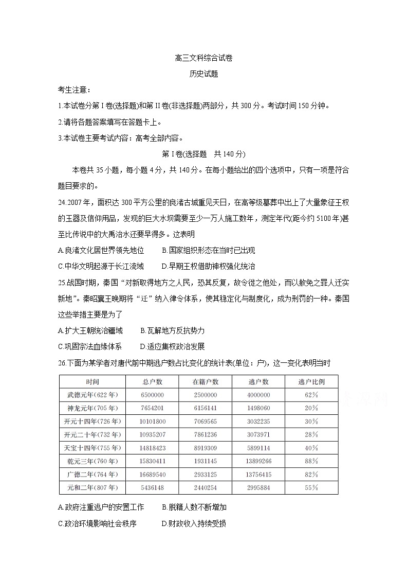 2020五岳（湖南、河南、江西）高三3月线上联考试题历史含答案第1页