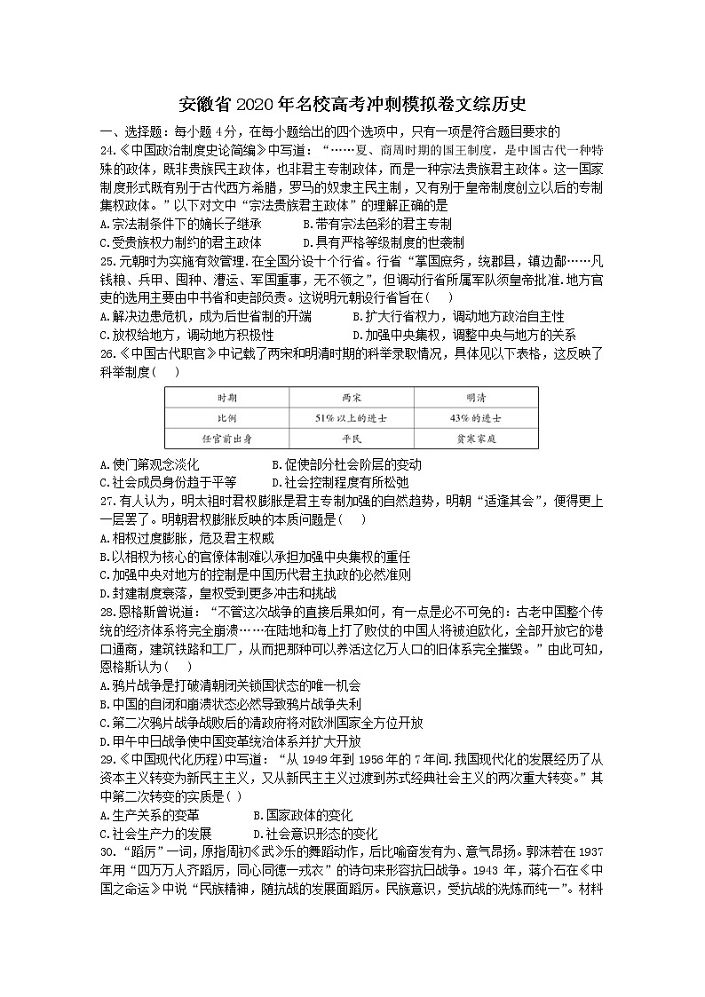 2020安徽省高三名校高考冲刺模拟卷历史试题含答案第1页