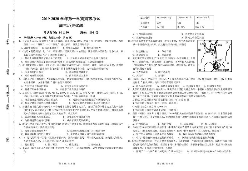2020西宁六校（沈那、昆仑、总寨、海湖、21中、三中）高三上学期期末考试历史试题PDF版含答案01