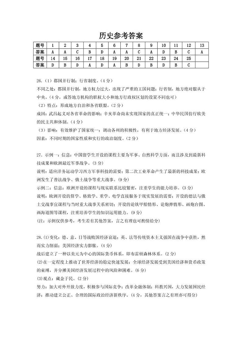 安徽省桐城中学2020届高三12月月考历史答案第1页