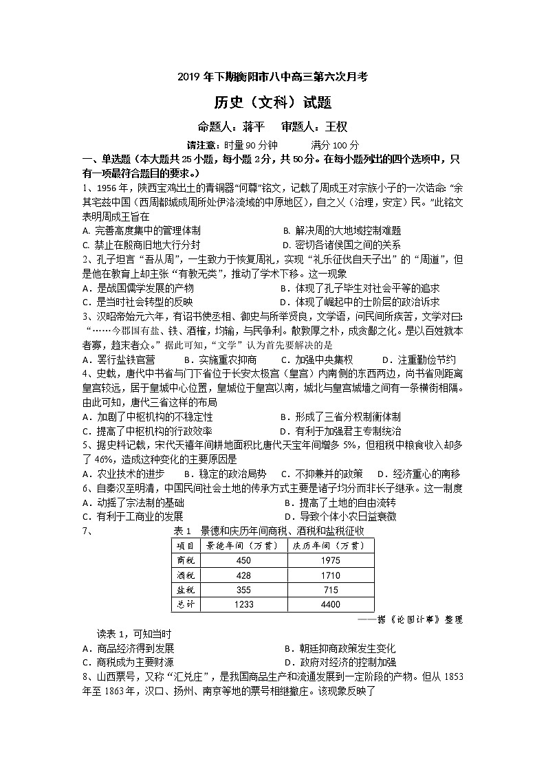 2019年下期衡阳市八中高三第六次月考历史第1页