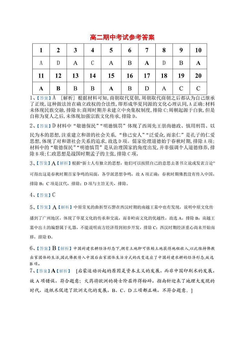 2021华中师范大学琼中附中高二下学期期中考试历史试卷含答案01