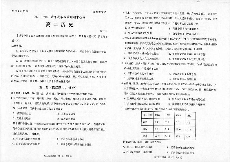 2021枣庄八中高二下学期期中考试历史试题扫描版含答案01