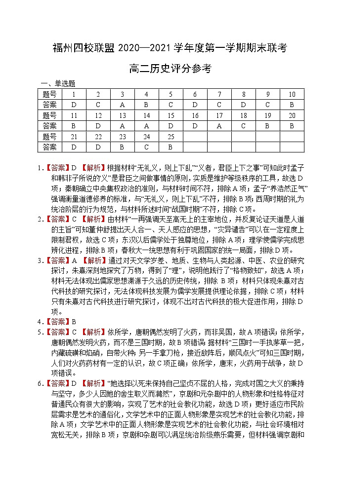 福州四校联盟2020-2021学年上期末联考高二历史科参考答案第1页