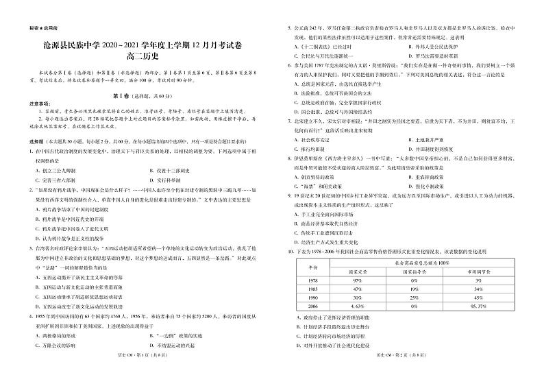 云南省临沧市沧源县民族中学2020-2021学年高二12月月考历史试题（PDF版）第1页