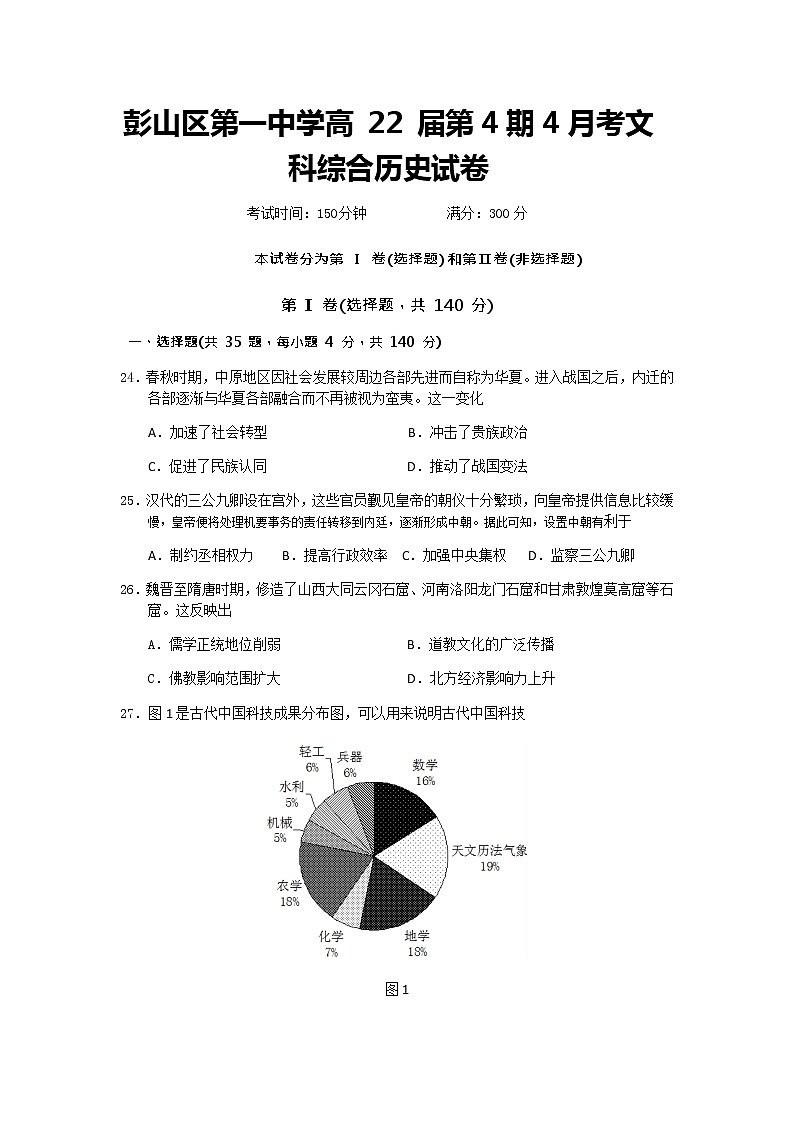 2021眉山彭山区一中高二下学期4月月考文科综合历史试题含答案第1页
