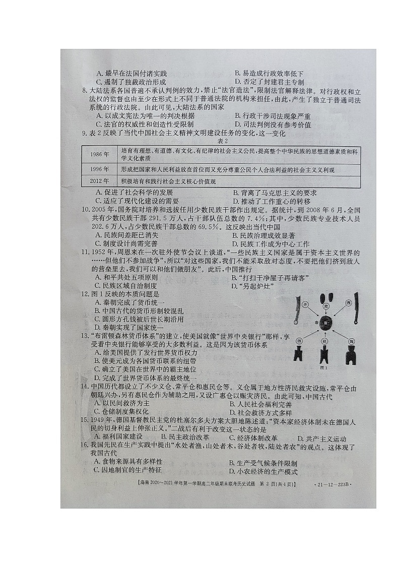 2021海南省高二上学期期末联考历史试题图片版含答案第2页