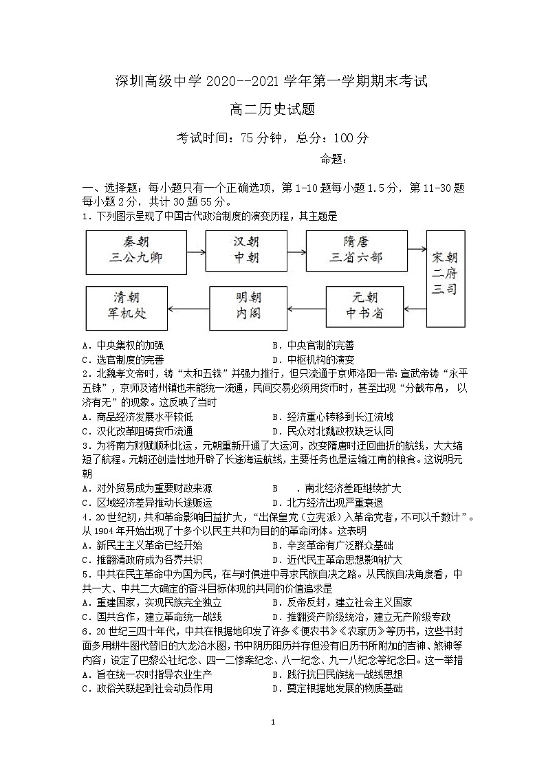 2021深圳高级中学高二上学期期末考试历史试题含答案第1页