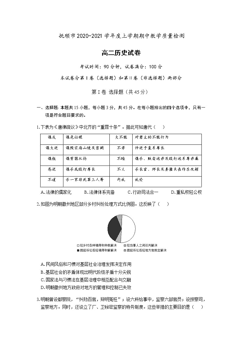 2021抚顺高二上学期期中考试历史试题含答案01