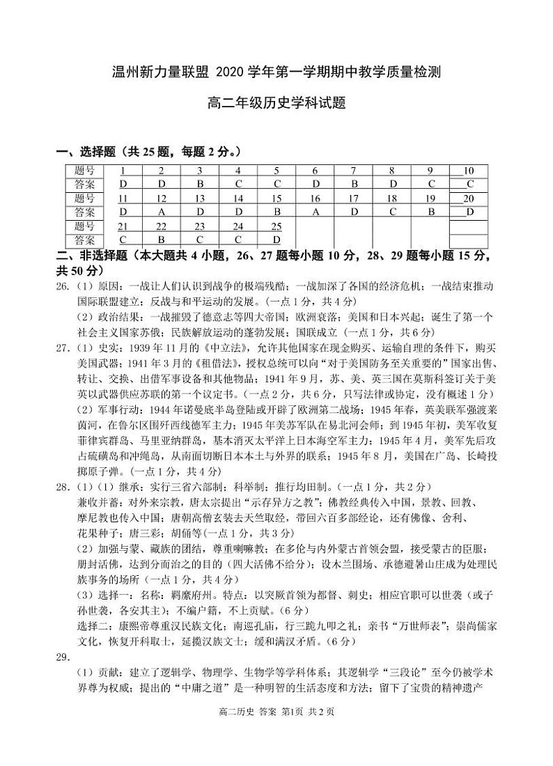 2021温州新力量联盟高二上学期期中联考历史试题含答案01