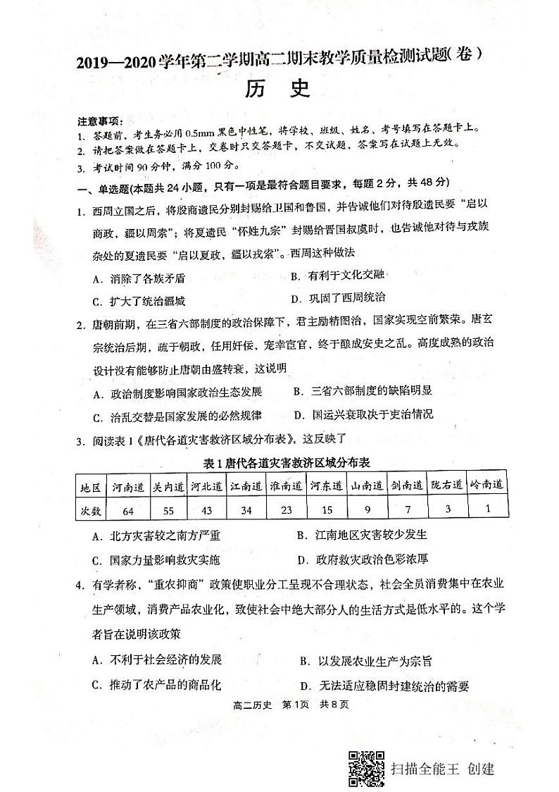 2020孝义高二下学期期末考试历史试题扫描版含答案01