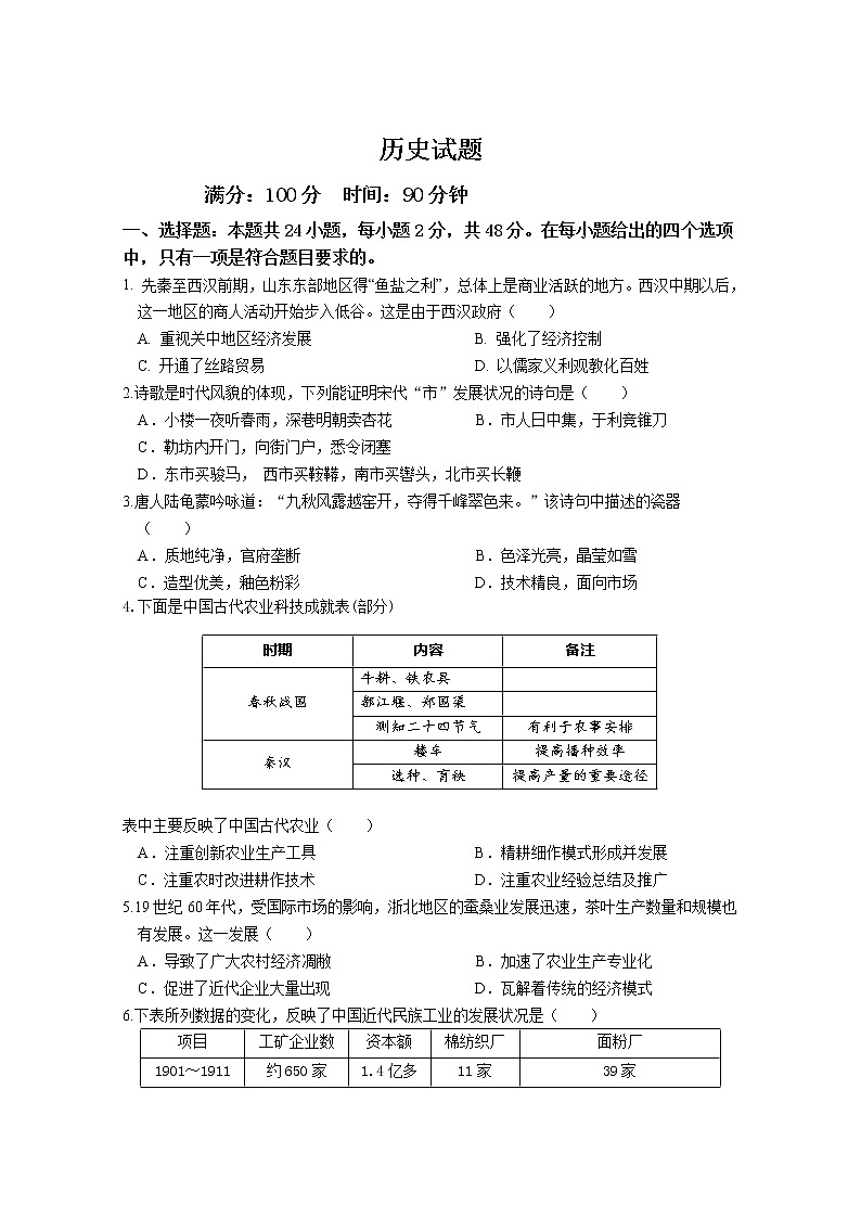2020黄冈麻城实验高中高二8月月考历史试卷含答案第1页