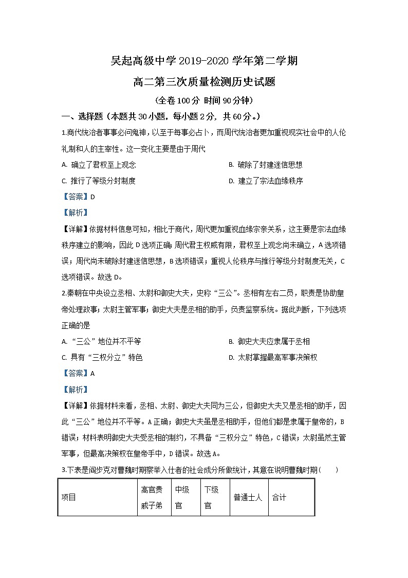 2020【KS5U解析】延安吴起高级中学高二下学期第三次质量检测历史试题含解析01