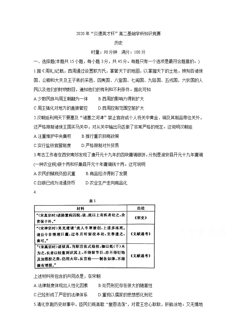 2020湖南省炎德英才杯高二下学期基础学科知识竞赛试题历史含答案第1页