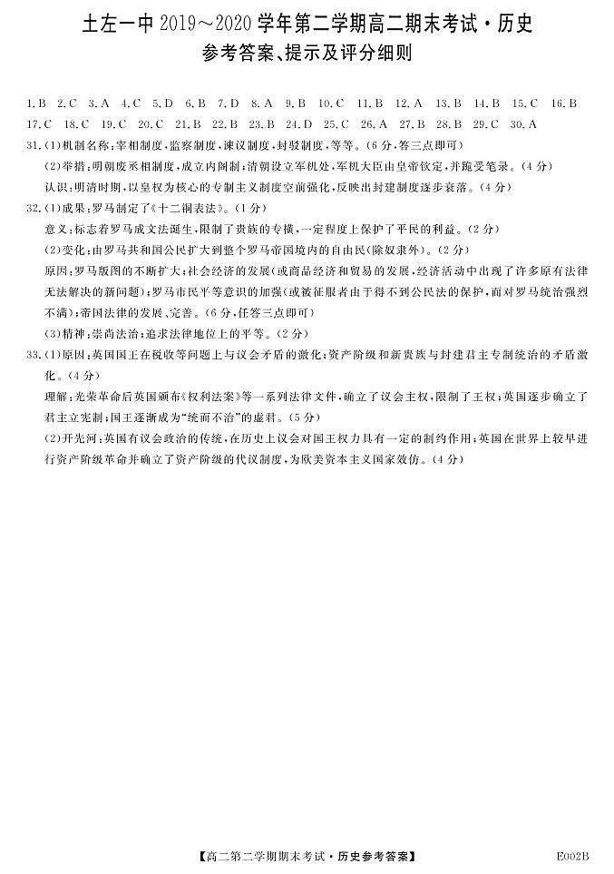 2020土默特左旗一中高二下学期期末考试历史试题（可编辑）PDF版含答案01