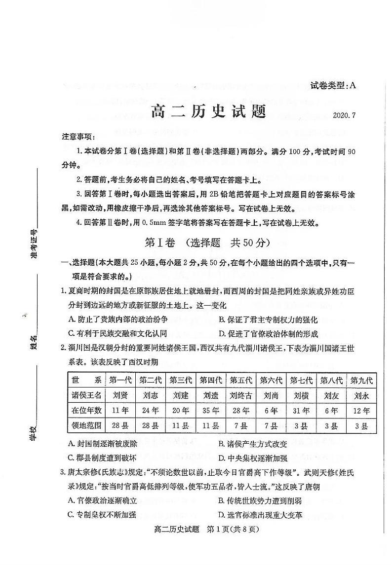 2020滨州高二下学期期末考试历史试题扫描版含答案01