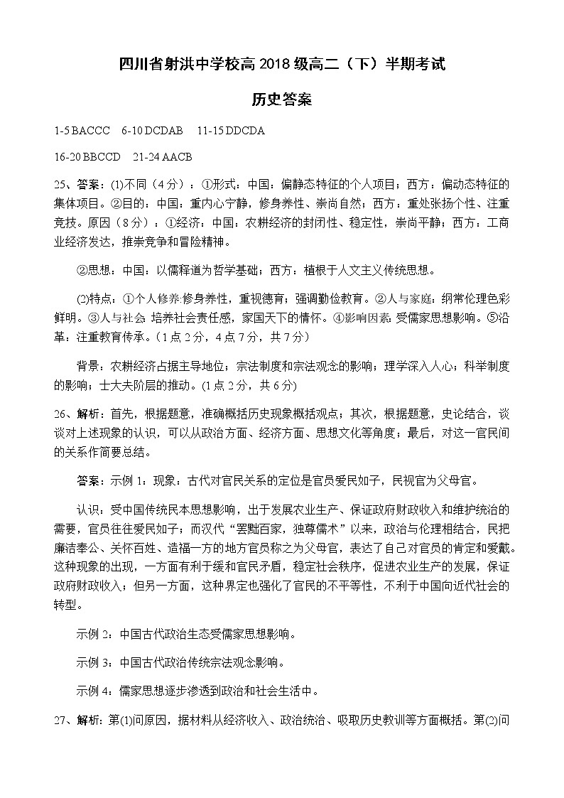 2020遂宁射洪县射洪中学校高二下学期期中考试历史含答案01