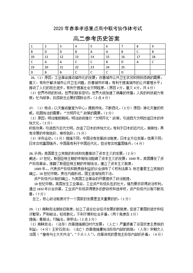 2020孝感重点高中协作体高二下学期联考历史试题PDF版含答案01