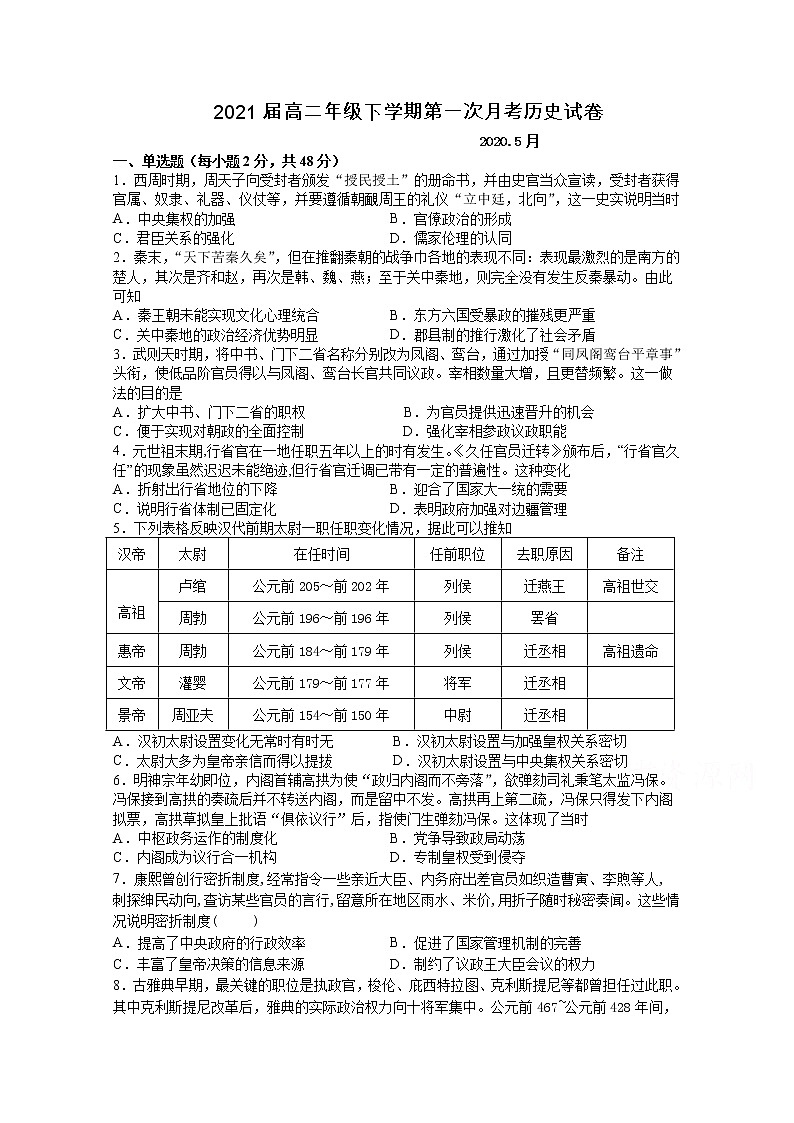 2020宜春上高二中高二下学期第一次月考试题历史无答案第1页