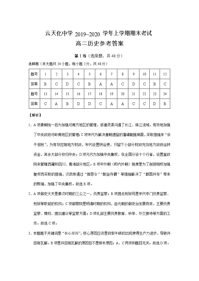 云天化中学2019~2020学年上学期期末考试高二历史-答案第1页