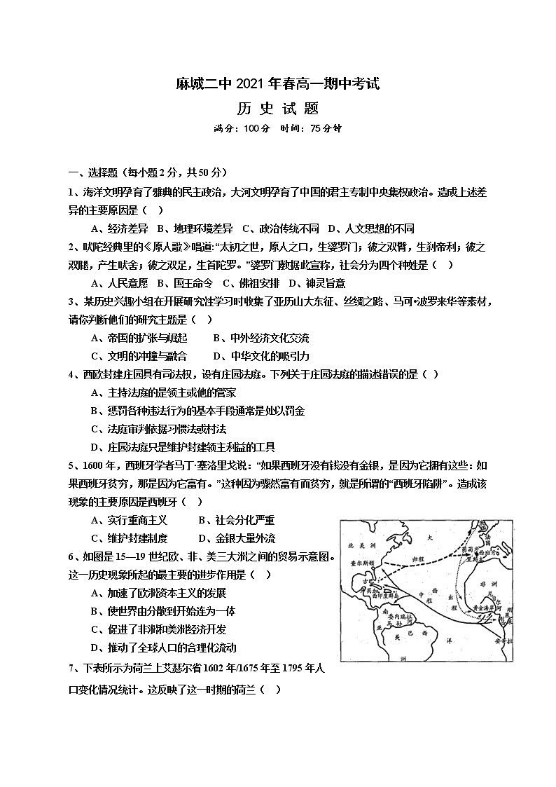 2021黄冈麻城麻城二中高一下学期期中考试历史试题含答案01