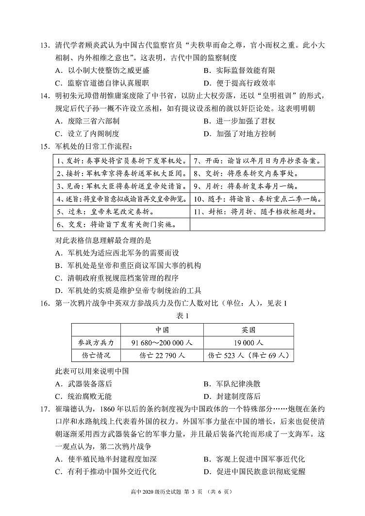 2020～2021学年度上期蓉城名校联盟高中2020级期中联考历史试题第3页