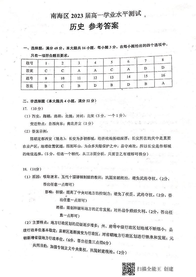 2021佛山南海区高一上学期学业水平测试历史试题（.12）扫描版含答案01