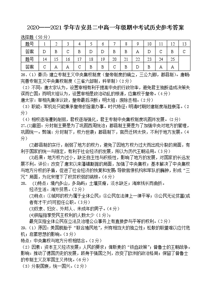 2021吉安县二中高一上学期期中考试历史含答案01