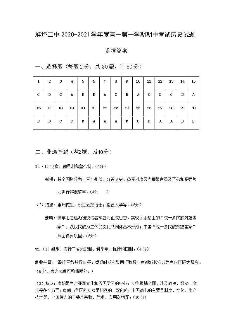 2021蚌埠二中高一上学期期中考试历史试题PDF版含答案01