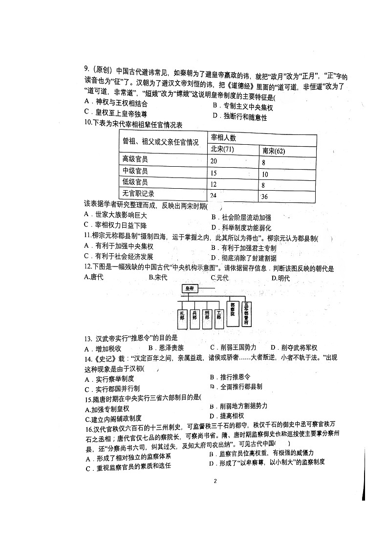 2020重庆市巴蜀中学高一上学期期中考试历史试题扫描版缺答案第2页