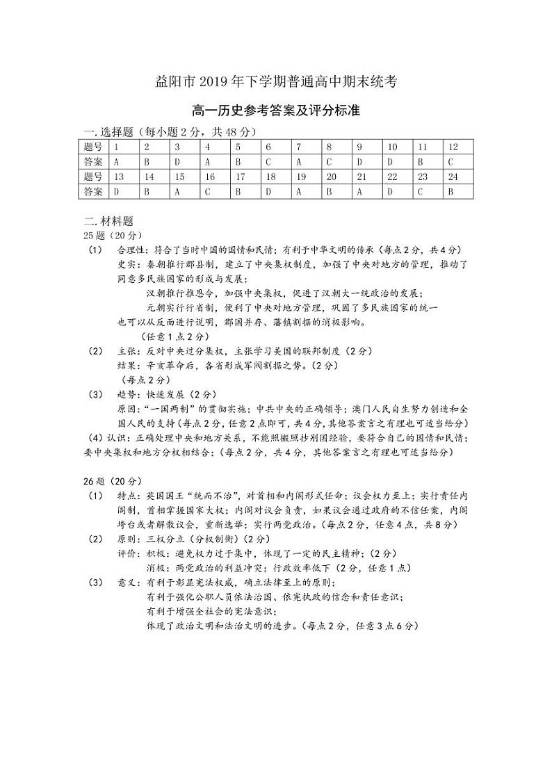 2020益阳高一上学期期末考试历史试题PDF版含答案01