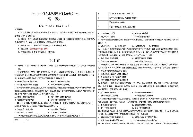 学易金卷：2022-2023学年高二历史上学期期中考前必刷卷（统编版）02（考试版）【测试范围：选择性必修一第1-14课】第1页