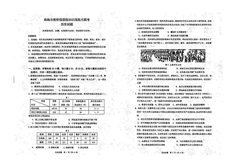 2023珠海教研联盟校（两校）高三上学期10月联考试题历史PDF版无答案第1页