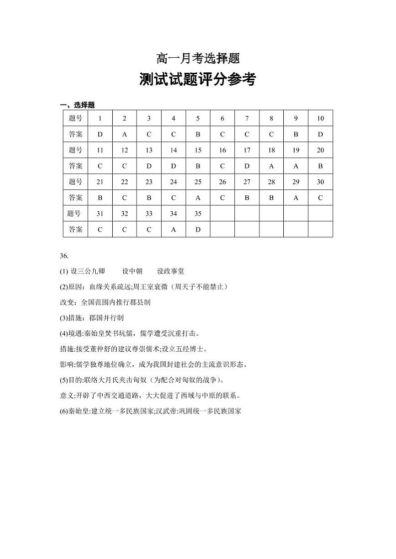 黑龙江省大庆铁人中学2022-2023学年高一上学期第一次月考历史答案第1页