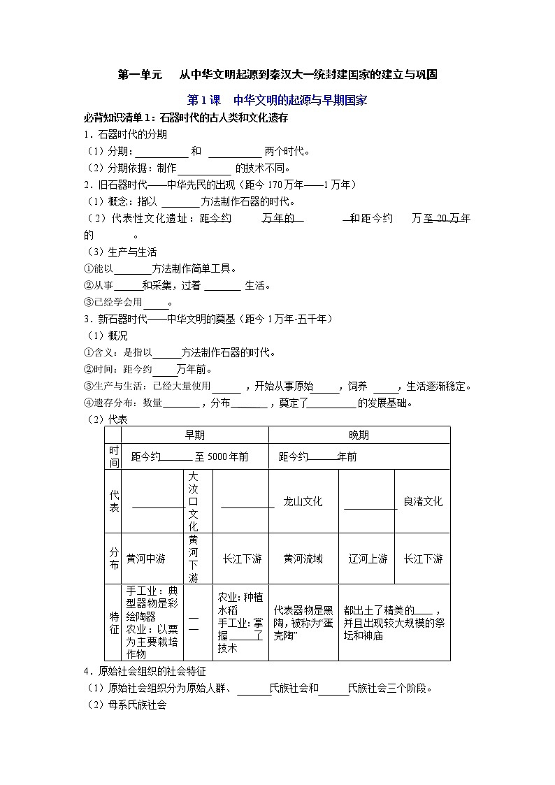 【知识手册】高中历史（中外历史纲要上册）第一单元  从中华文明起源到秦汉统一多民族封建国家的建立与巩固（填空版）第1页