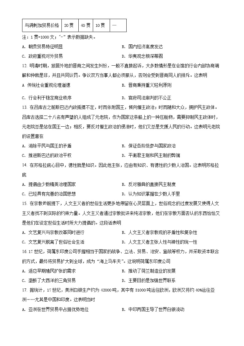 2022太原高三上学期期中考试历史试题含解析03