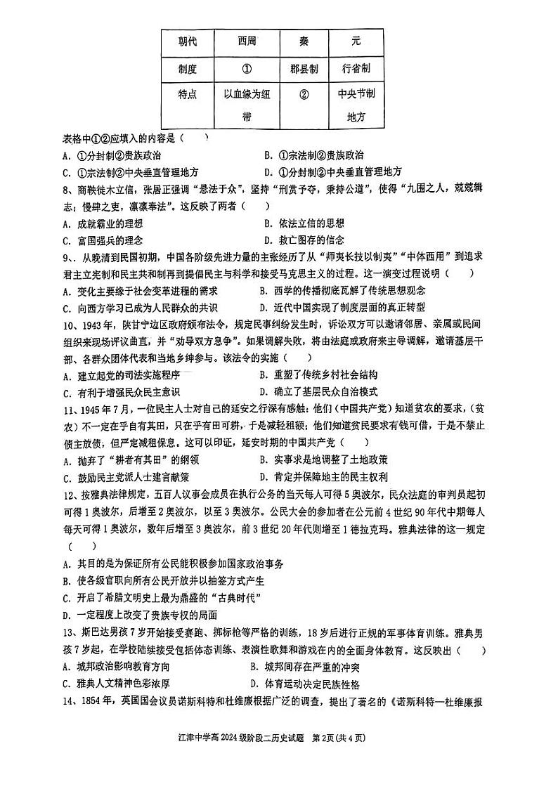 2023重庆江津中学高二上学期10月阶段性考试历史试题PDF版含答案02