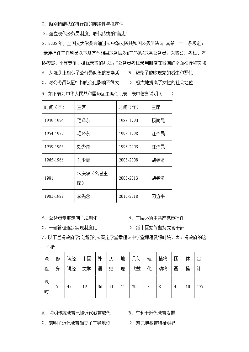 【培优分级练】统编版高中历史（选择性必修一）第7课《近代以来中国的官员选拔与管理》同步分级练（原卷版）第2页