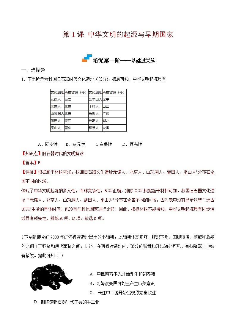 【培优分级练】统编版高中历史（中外历史纲要上）第1课《中华文明的起源与早期国家》同步分级练（解析版）第1页
