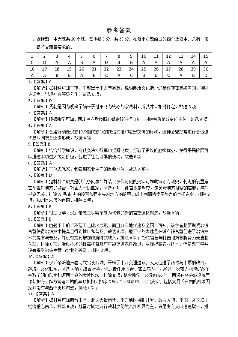 昆明市2022~2023嵩明县高一期中联考历史答案第1页
