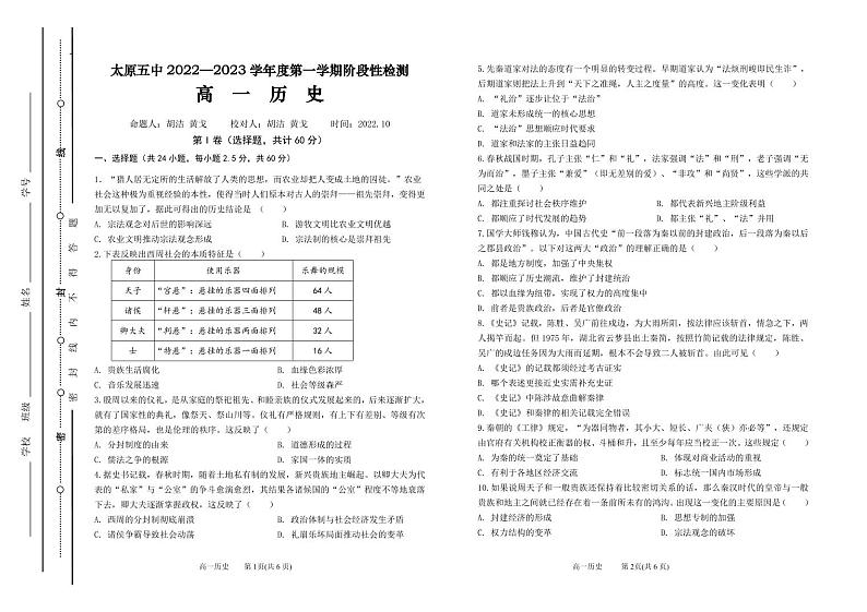 2023太原五中高一上学期10月月考试题历史PDF版含答案（可编辑）01