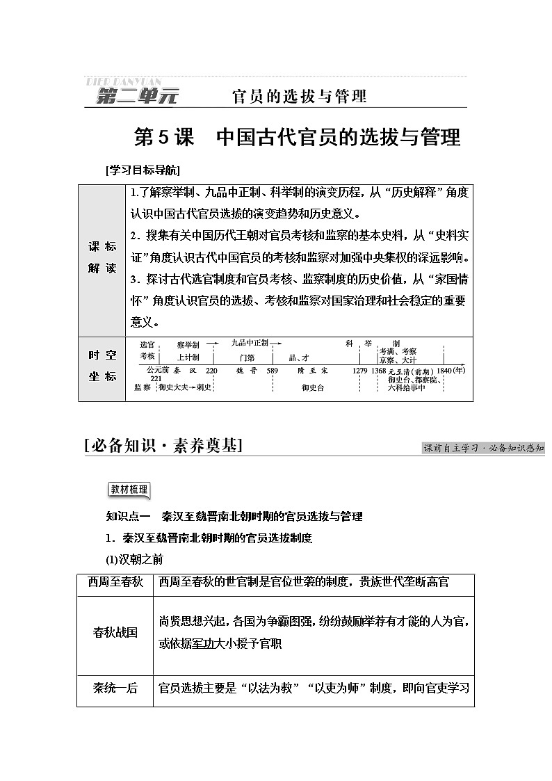 统编版高中历史选择性必修1第2单元第5课中国古代官员的选拔与管理课件+学案+练习含答案01