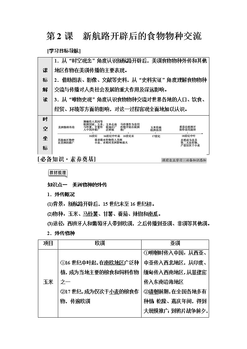 统编版高中历史选择性必修2第1单元第2课新航路开辟后的食物物种交流课件+学案+练习含答案01