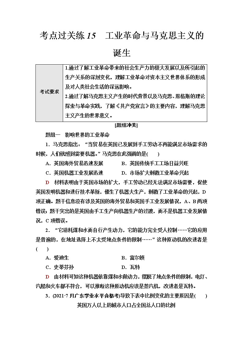 普通高中历史学业水平合格性考试考点过关练15工业革命与马克思主义的诞生含答案01