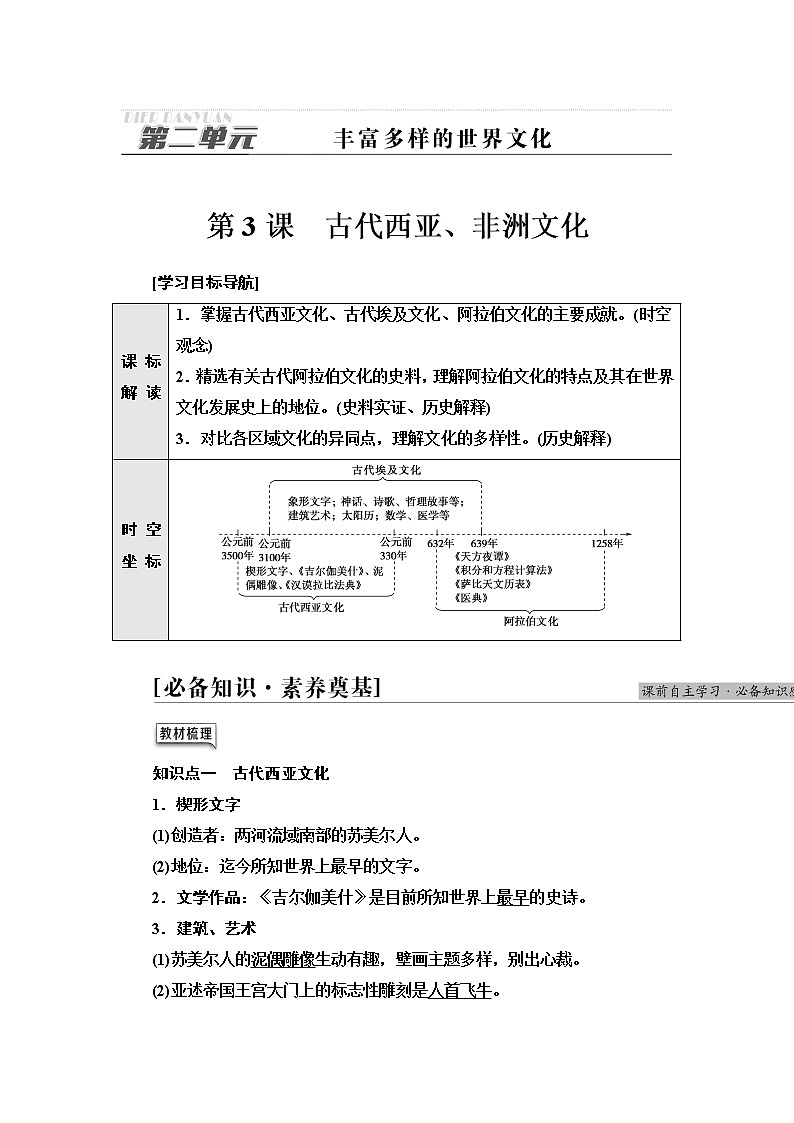 统编版高中历史选择性必修3第2单元第3课古代西亚、非洲文化课件+学案+练习含答案01