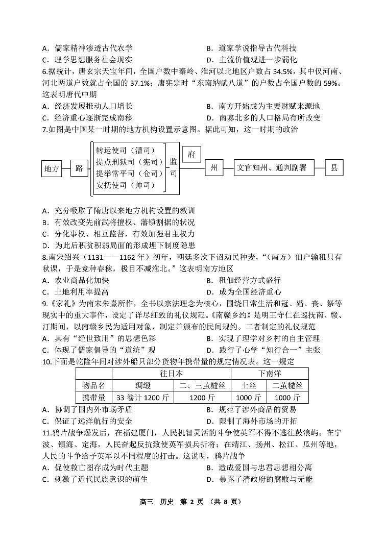2021—2022学年上期期中高三历史试卷第2页