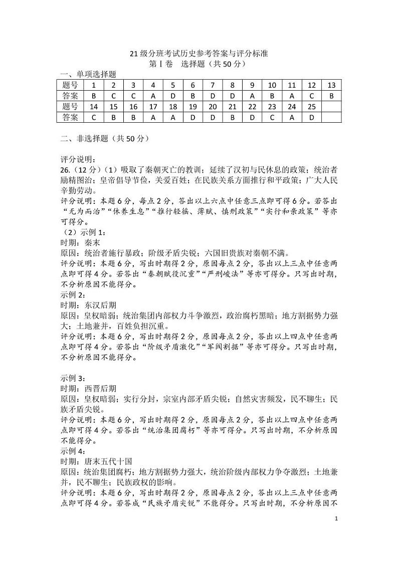 2023太原师范学院附中高二上学期分班考试历史试题含解析01